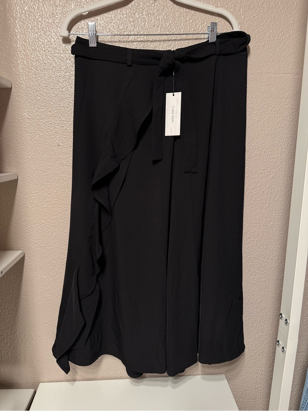Calvin Klein Black Midi Wrap Skirt with Ruffle Trim